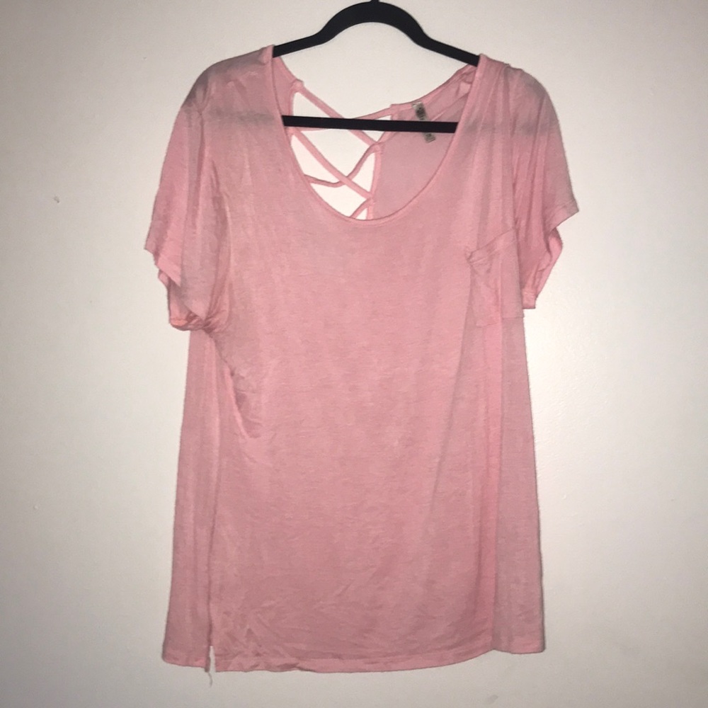 pink tee top with crisscross back